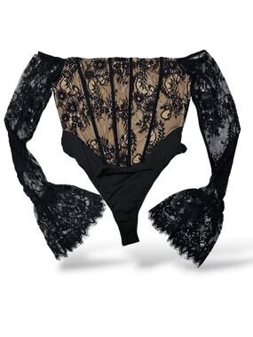 Fashion Nova Black Lace Off-Shoulder Corset Bodysuit Size Large